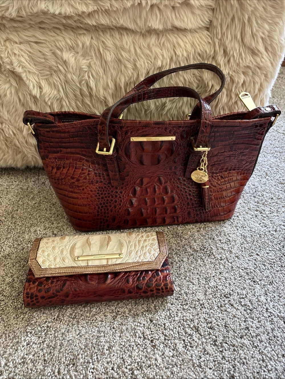 Brahmin Brown Croc-Embossed Leather Satchel with Matching Wallet